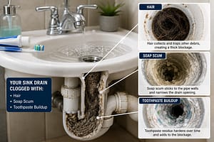 Bathroom sink drain clogged with hair, soap scum, and toothpaste buildup, causing restricted water flow and gurgling noises