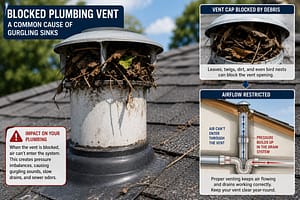 Sink plumbing vent on a roof blocked by leaves and debris causing airflow restrictions and gurgling sink drain problems