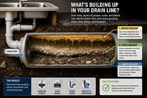 Sink drain line cross-section showing grease, scale, and debris buildup restricting water flow and causing gurgling drain problems