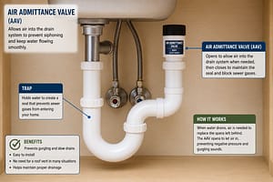 Sink under-sink plumbing with an air admittance valve installed near the trap to prevent gurgling drain problems and improve airflow