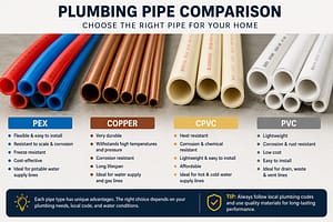Plumbing pipe comparison showing PEX, copper, CPVC, and PVC pipes used in residential plumbing installations and water distribution systems