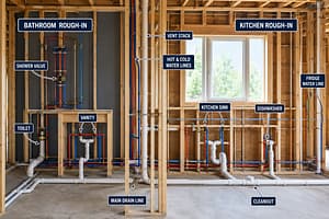 Plumbing rough-in installation showing bathroom and kitchen water supply lines, drain pipes, vents, and fixture connections before walls are closed
