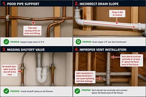 Plumbing installation mistakes including poor pipe support, incorrect drain slope, missing shutoff valve, and improper vent installation in a residential plumbing system