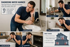 Homeowner testing faucets throughout the house to diagnose a water hammer fix problem