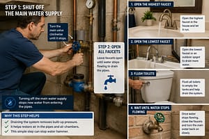 Water hammer fix by turning off the main water valve and draining plumbing lines