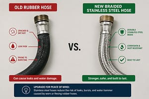 Old rubber washing machine hose compared to braided stainless steel hose for water hammer fix protection