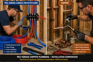 Pex Versus Copper Plumbing installation comparison showing plumber installing flexible PEX tubing beside another plumber soldering copper pipe with a torch