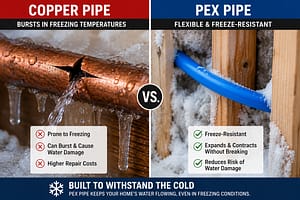 Pex Versus Copper Plumbing durability comparison showing burst frozen copper pipe beside flexible PEX pipe surviving cold conditions
