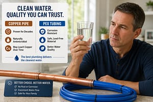 Pex Versus Copper Plumbing water quality comparison showing clean drinking water beside copper pipe and PEX tubing