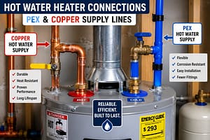 Pex Versus Copper Plumbing hot water heater connections showing both PEX and copper hot water supply lines