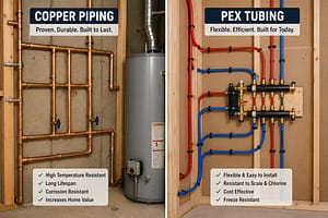 Pex Versus Copper Plumbing comparison showing clean exposed copper piping beside exposed PEX tubing installation in a utility room