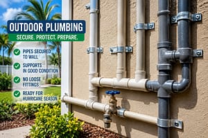 Plumbing Checklist image showing outdoor exposed plumbing pipes secured to exterior wall for hurricane season protection
