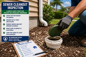 Plumbing Checklist image showing sewer cleanout inspection near home during hurricane season, plumbing preparation