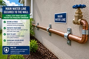 Plumbing Checklist image showing main water line secured to the wall for hurricane season plumbing protection