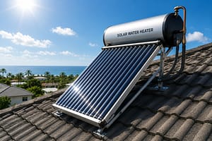 Plumbing Checklist image showing a solar water heater installed on a rooftop for hurricane season preparation