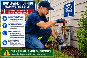 Plumbing Checklist image showing a homeowner turning the main water valve during hurricane season preparation