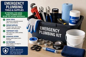 Plumbing Checklist image showing emergency plumbing tools and supplies for hurricane season home preparedness