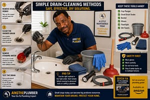 DIY Plumbing Guide showing simple tools for clearing everyday drain clogs