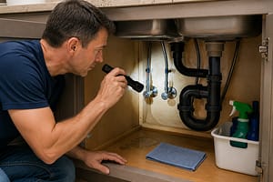 Plumbing Maintenance Guide homeowner inspecting under a kitchen sink for water leaks