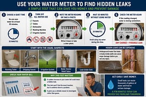 Plumbing Maintenance Guide showing how to use a water meter to detect hidden leaks by comparing meter readings before and after a 30-minute water shutoff test