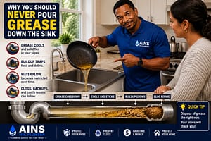 Pour Grease Down the Sink demonstration showing how cooking grease cools and builds up inside kitchen drain pipes.