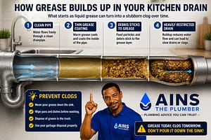 Grease buildup inside a kitchen drainpipe showing a clean pipe, grease coating, trapped food debris, and a heavily restricted drain.