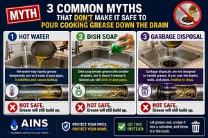 Pour Grease Down the Sink myths showing why hot water, dish soap, and a garbage disposal do not prevent grease buildup and drain clogs.