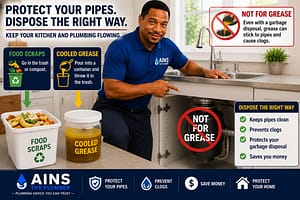 Professional plumber explains why you should not pour grease down the sink or garbage disposal and shows proper disposal of cooled grease and food scraps.