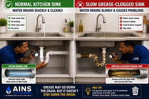 Normal kitchen sink compared with a grease-clogged drain as a plumber inspects the P-trap and grease buildup restricting water flow.