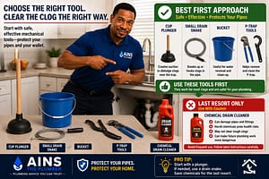 Professional plumber compares a cup plunger, drain snake, bucket, and P-trap tools with chemical drain cleaner for clearing a clogged kitchen sink.