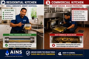 Residential and commercial kitchen grease buildup comparison showing proper household grease disposal and a plumber inspecting a heavily contaminated commercial drain system.