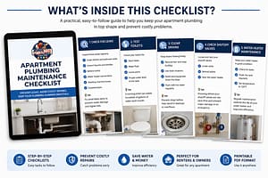 Preview of the Apartment Plumbing Maintenance Checklist PDF showing leak checks, toilet testing, drain maintenance, shutoff valves, and water heater inspection tips for homeowners and renters.