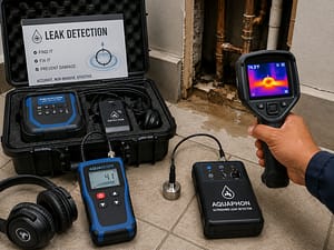 Professional leak detection tools including thermal imaging equipment, ultrasonic leak detectors, and pipe inspection devices used to locate hidden water leaks. Commercial Plumbing Services Sint Maarten
