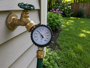 Water pressure gauge attached to an outdoor hose bibb testing residential plumbing water pressure