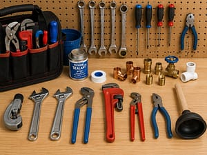 Neatly arranged plumbing tools and pipe fittings on a workbench for home plumbing repairs and maintenance