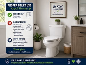 Toilet Clogs After Flushing prevention tips displayed in a modern clean bathroom with proper toilet use reminder sign