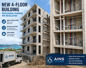 New four-floor building under construction with visible plumbing pipe installation for water supply and drainage systems.