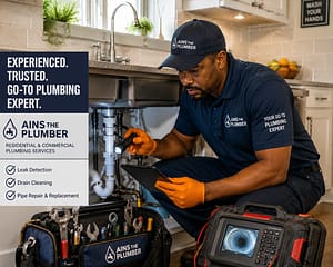 Professional plumber diagnosing a commercial plumbing issue under a sink using inspection tools and leak detection equipment in a modern building.