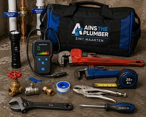 Professional plumbing tools including pipe wrenches, leak detector, flashlight, shutoff valves, and repair equipment arranged neatly for emergency plumbing work.