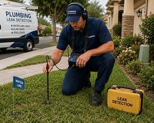 Professional plumber using outdoor leak detection equipment to locate an underground water line leak