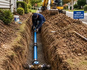 Water line repair guide showing an excavation trench with a new underground water service line installation beside a residential property