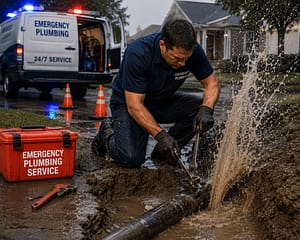 Emergency plumber repairing a burst underground water line with water spraying from damaged pipe