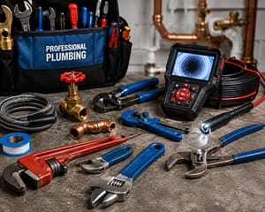 Water line repair guide showing professional plumbing tools and leak detection equipment on a workbench