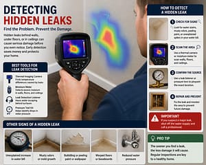 Homeowner using a thermal imaging camera to detect a hidden water leak behind an interior wall with visible moisture detection graphics.