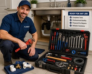 Professional plumber kneeling beside an open plumbing toolkit filled with wrenches, pliers, cutters, and repair tools, ready for plumbing work.