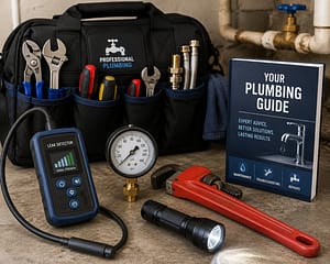 Organized professional plumbing tools, leak detector, pressure gauge, pipe wrench, flashlight, and plumbing guide for home water line maintenance and leak detection