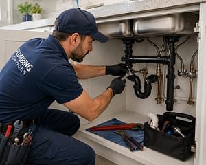 Professional plumber repairing residential plumbing system with tools while inspecting pipes and fittings