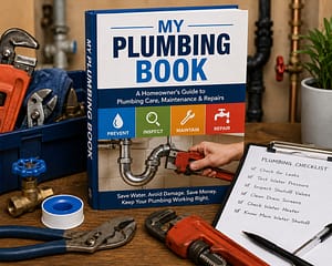 My Plumbing Book displayed with professional plumbing tools and maintenance checklist on a workbench