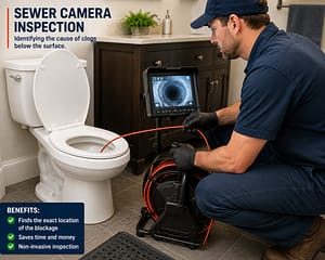 Toilet Clogs After Flushing plumber using a drain camera to inspect a sewer line blockage and diagnose recurring toilet problems