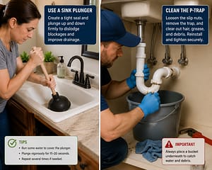 Homeowner using a sink plunger and cleaning a P-trap with a bucket underneath to clear a clogged drain